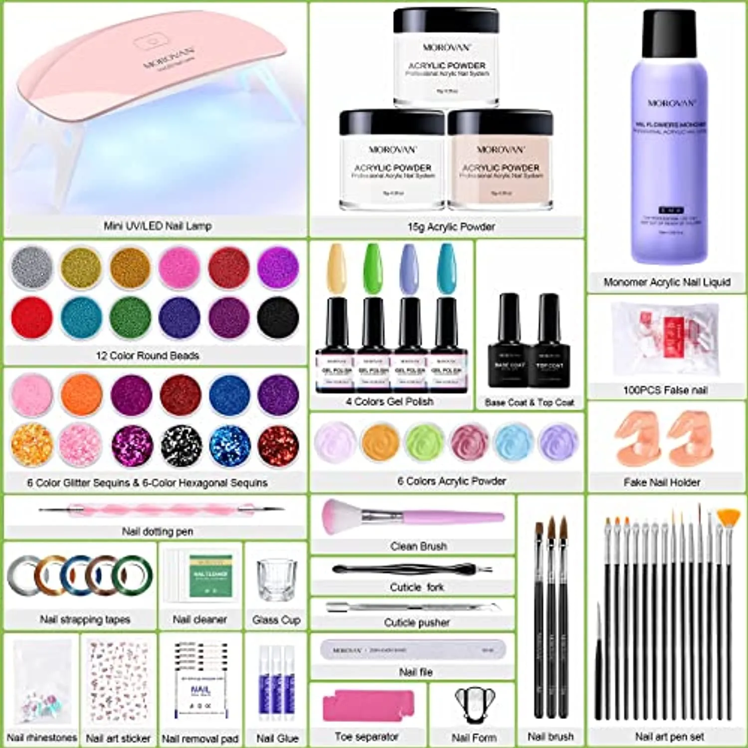 Morovan Acrylic Nail Kit with U V Light, Nail Kit Set Professional Acrylic with Everything Nail Supplies Glitter Acrylic Powder Monomer UV Gel Acrylic Nails Extension Nail Art Starter Kit