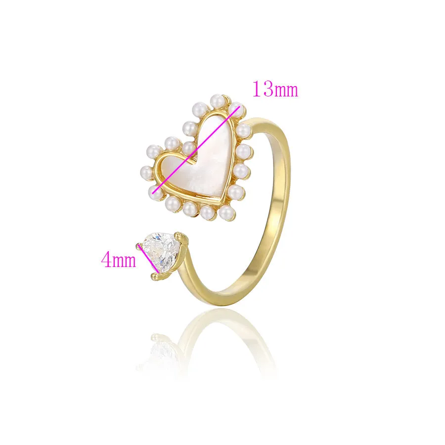 Mother Of Pearl & Cz Diamond 14k Gold Plated Heart Ring
