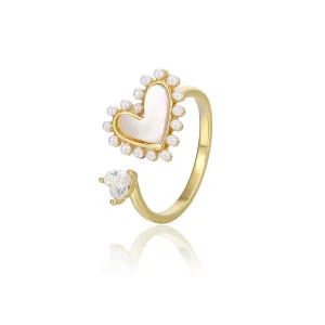 Mother Of Pearl & Cz Diamond 14k Gold Plated Heart Ring