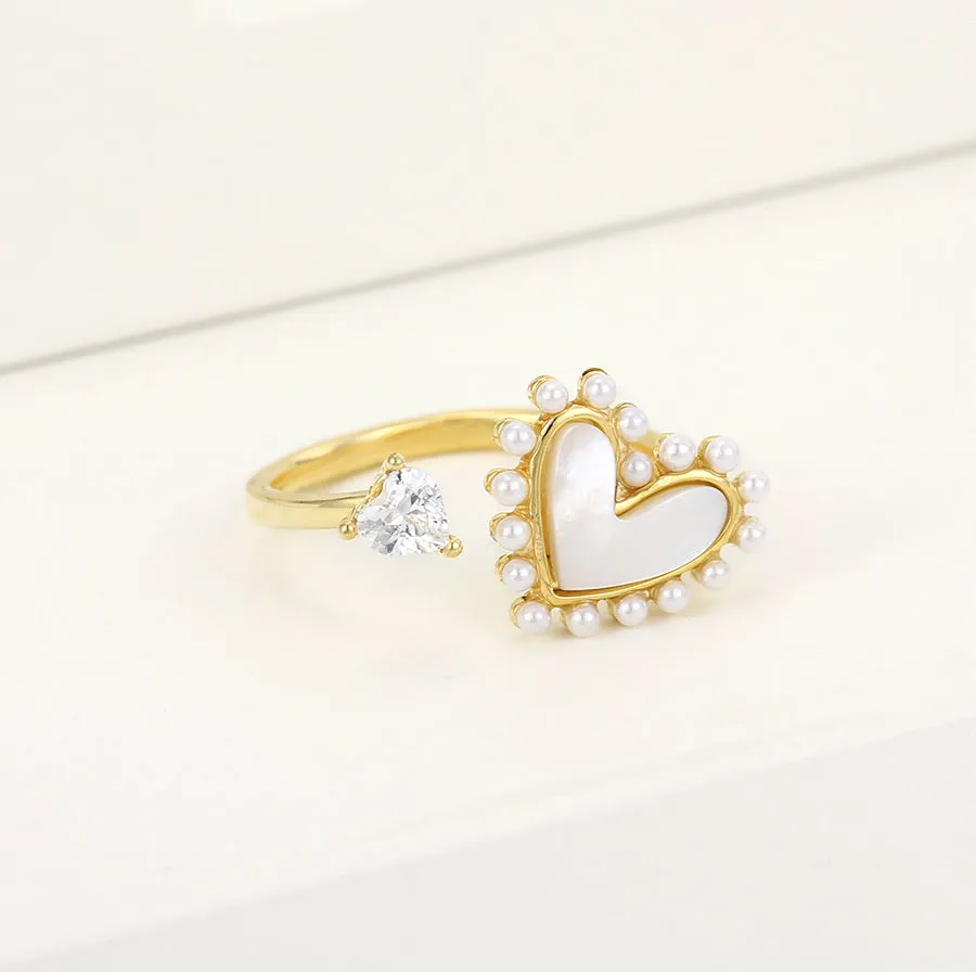 Mother Of Pearl & Cz Diamond 14k Gold Plated Heart Ring