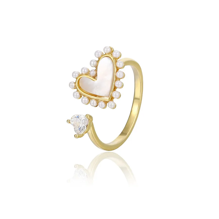 Mother Of Pearl & Cz Diamond 14k Gold Plated Heart Ring