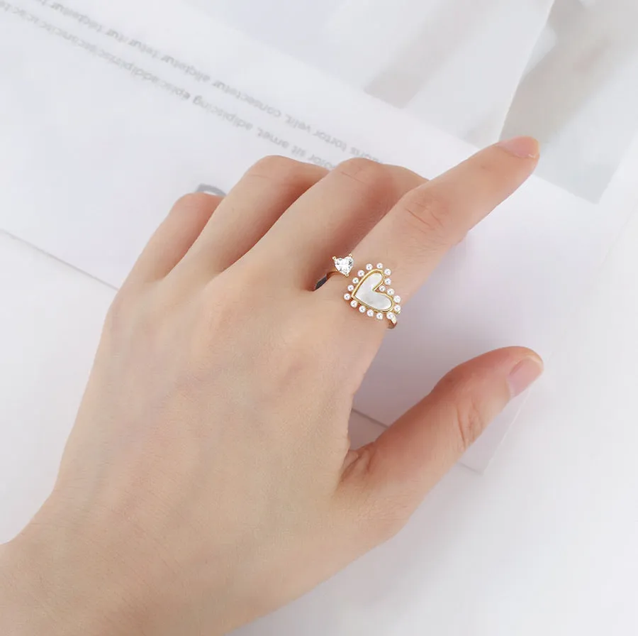 Mother Of Pearl & Cz Diamond 14k Gold Plated Heart Ring