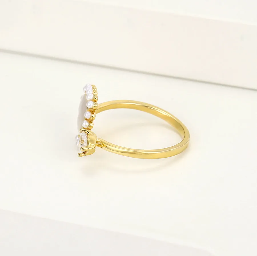 Mother Of Pearl & Cz Diamond 14k Gold Plated Heart Ring