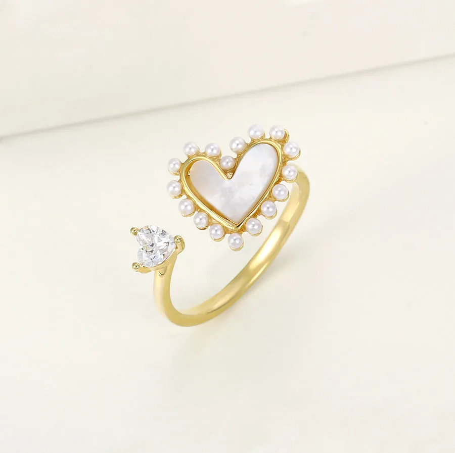 Mother Of Pearl & Cz Diamond 14k Gold Plated Heart Ring