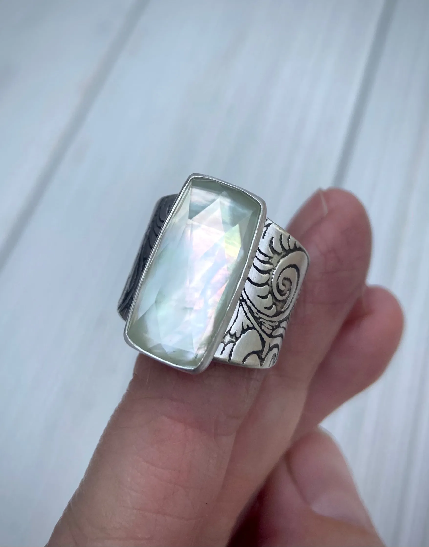 Mother of Pearl & Quartz Wide Band Ring