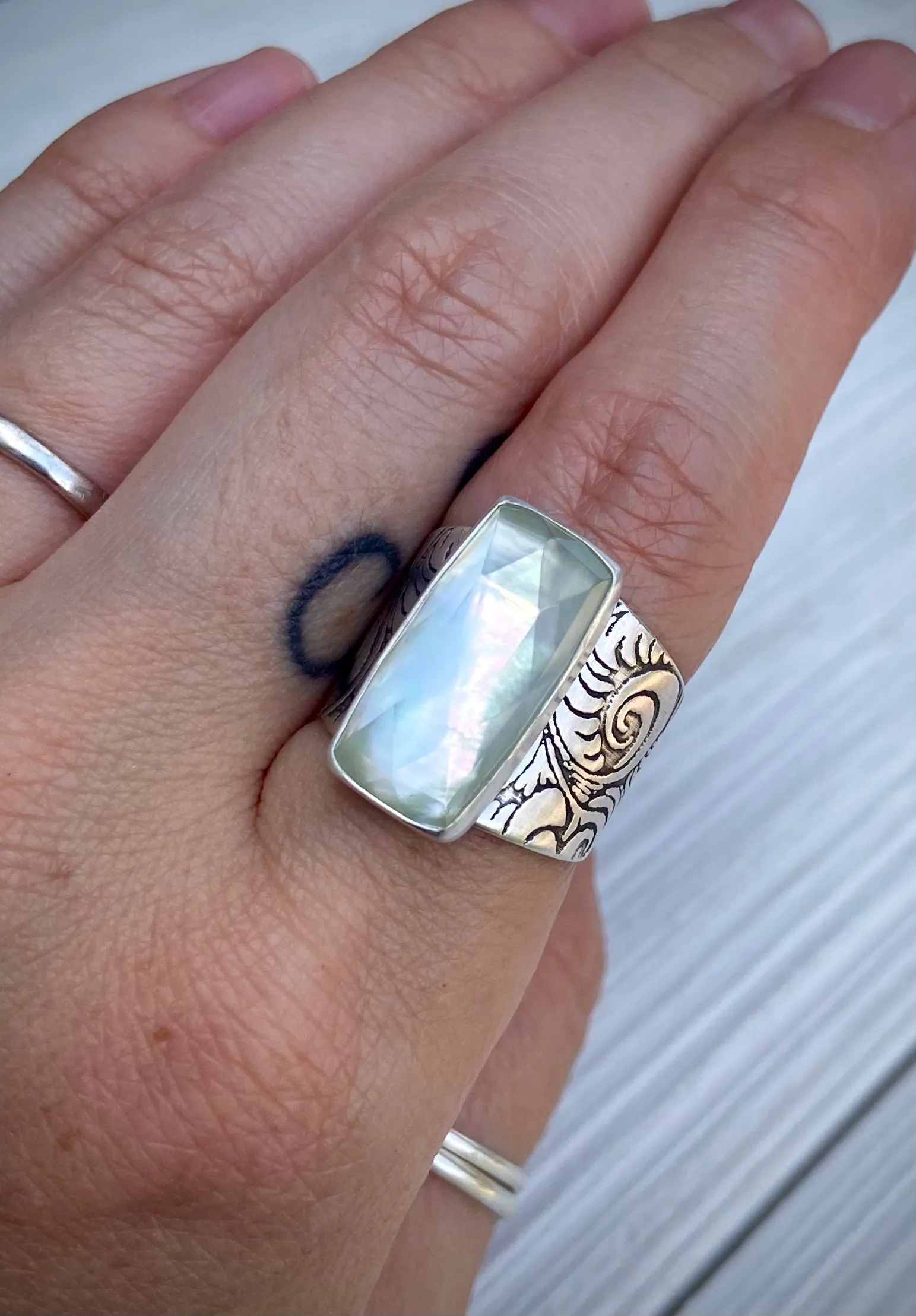 Mother of Pearl & Quartz Wide Band Ring