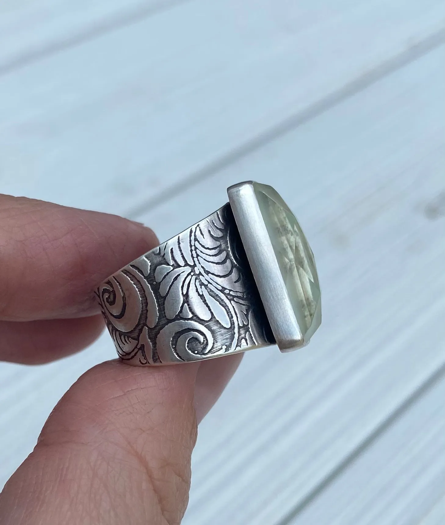Mother of Pearl & Quartz Wide Band Ring