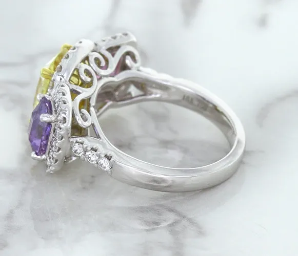 Multicolor Sapphire Ring with Diamond Halo in 18K White Gold