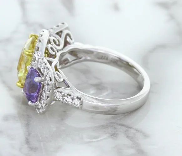 Multicolor Sapphire Ring with Diamond Halo in 18K White Gold