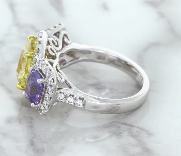 Multicolor Sapphire Ring with Diamond Halo in 18K White Gold