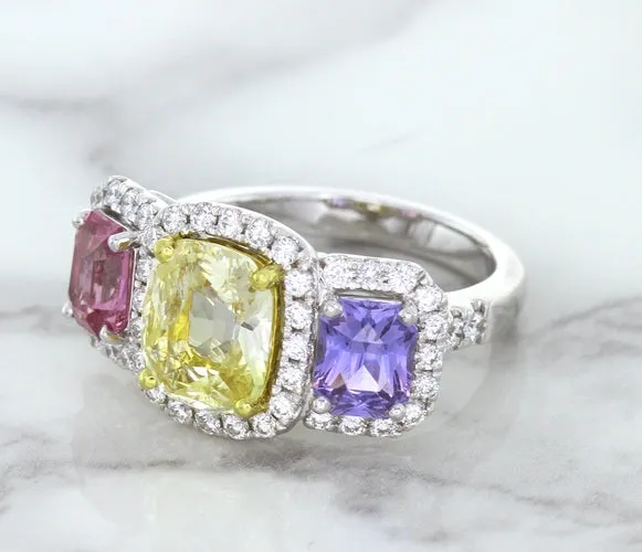 Multicolor Sapphire Ring with Diamond Halo in 18K White Gold
