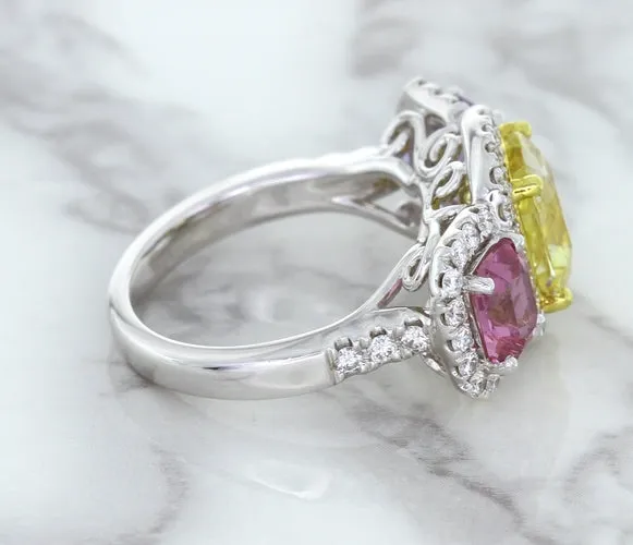 Multicolor Sapphire Ring with Diamond Halo in 18K White Gold