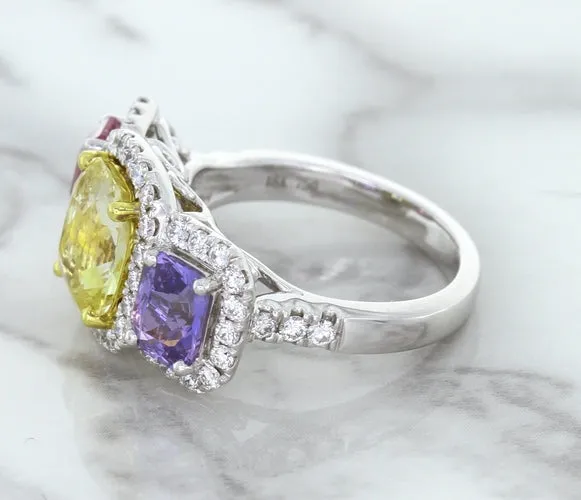 Multicolor Sapphire Ring with Diamond Halo in 18K White Gold