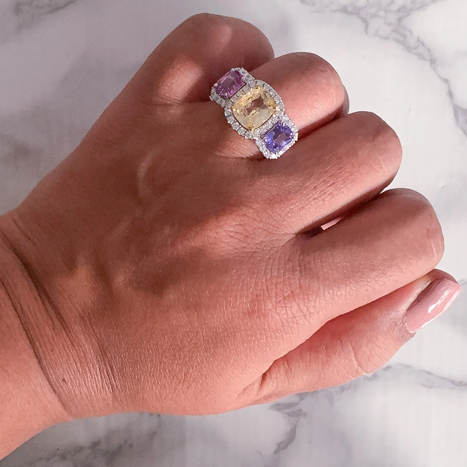 Multicolor Sapphire Ring with Diamond Halo in 18K White Gold