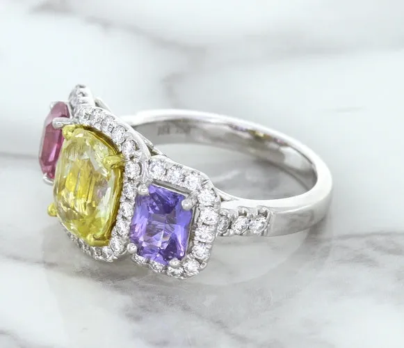 Multicolor Sapphire Ring with Diamond Halo in 18K White Gold