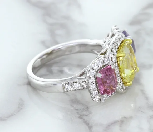 Multicolor Sapphire Ring with Diamond Halo in 18K White Gold