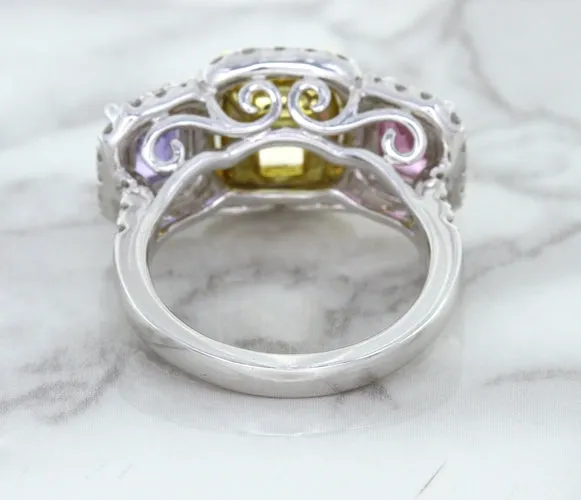 Multicolor Sapphire Ring with Diamond Halo in 18K White Gold