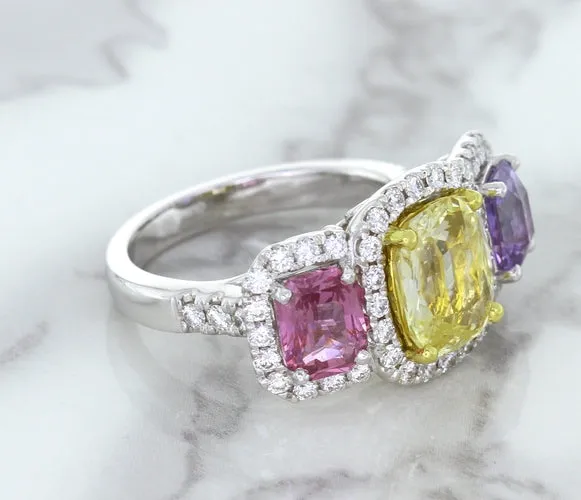 Multicolor Sapphire Ring with Diamond Halo in 18K White Gold