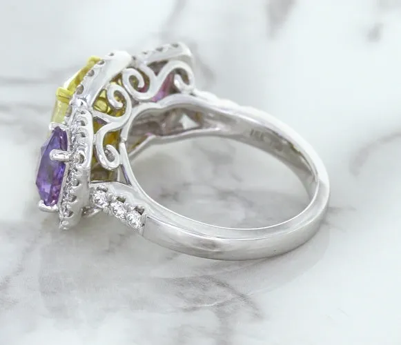 Multicolor Sapphire Ring with Diamond Halo in 18K White Gold
