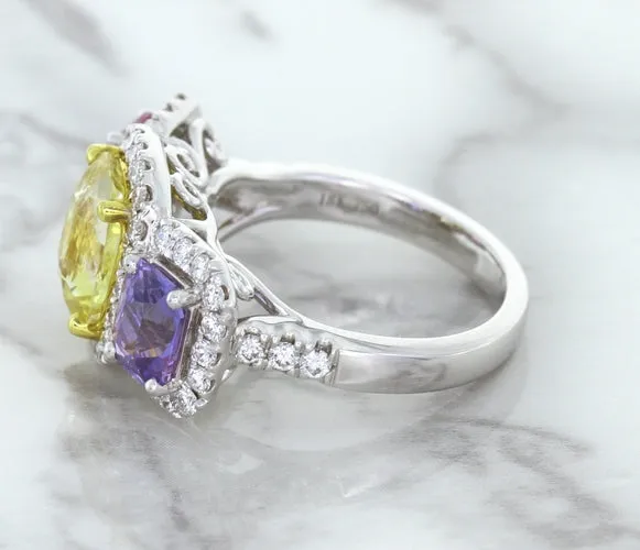 Multicolor Sapphire Ring with Diamond Halo in 18K White Gold