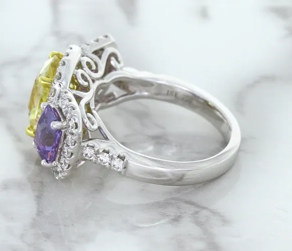 Multicolor Sapphire Ring with Diamond Halo in 18K White Gold