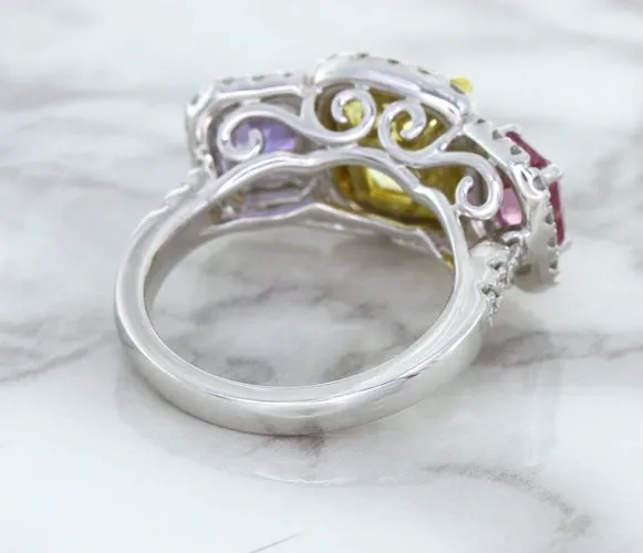 Multicolor Sapphire Ring with Diamond Halo in 18K White Gold