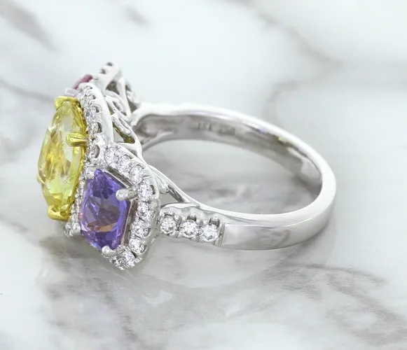Multicolor Sapphire Ring with Diamond Halo in 18K White Gold