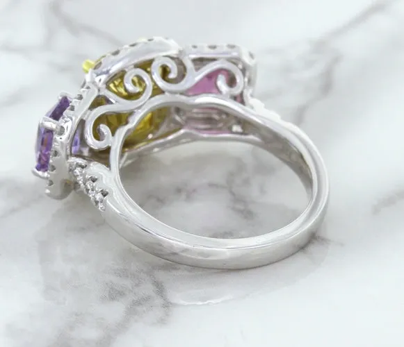 Multicolor Sapphire Ring with Diamond Halo in 18K White Gold