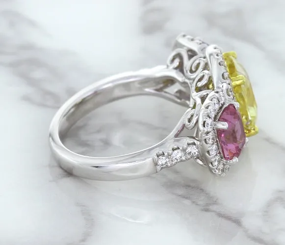 Multicolor Sapphire Ring with Diamond Halo in 18K White Gold