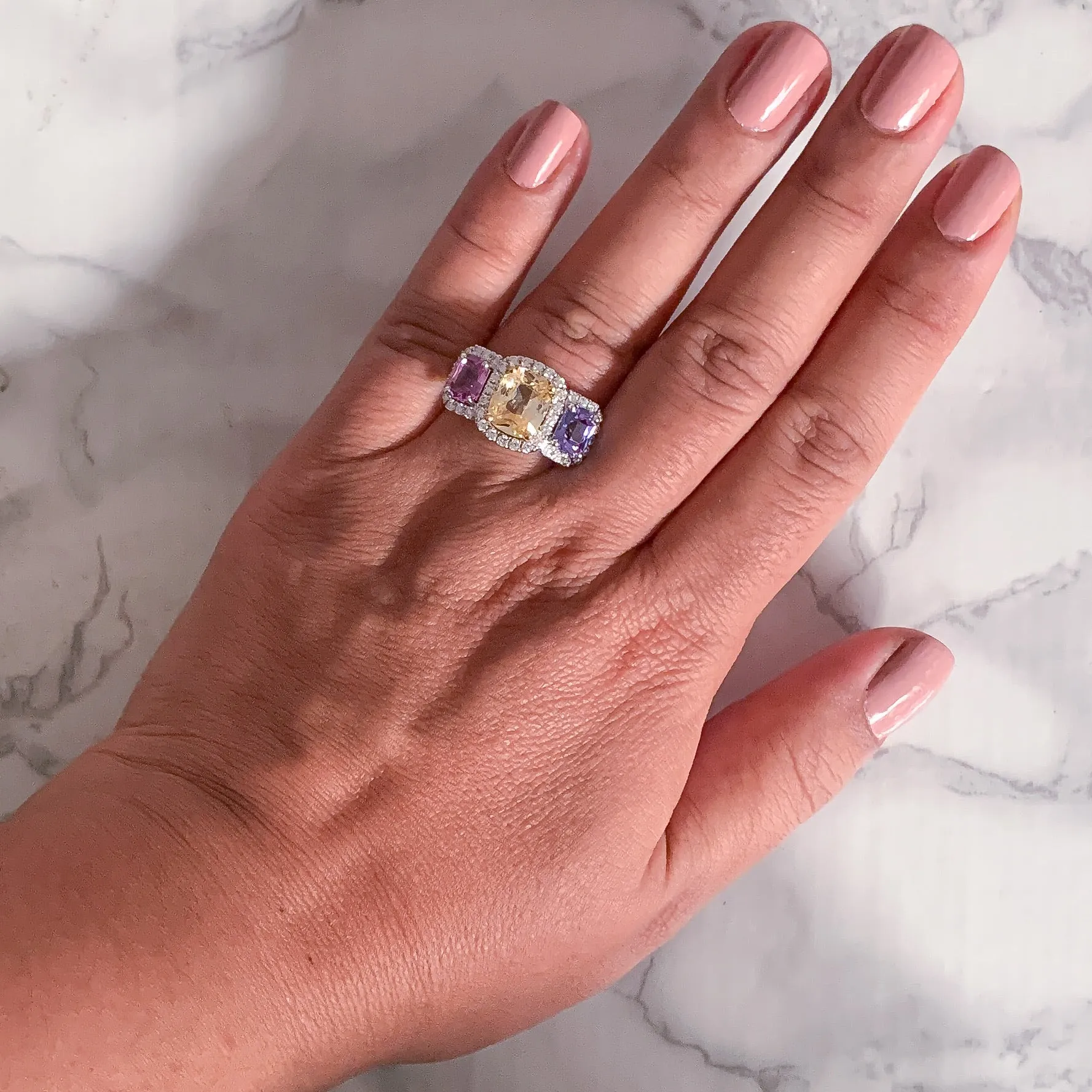 Multicolor Sapphire Ring with Diamond Halo in 18K White Gold