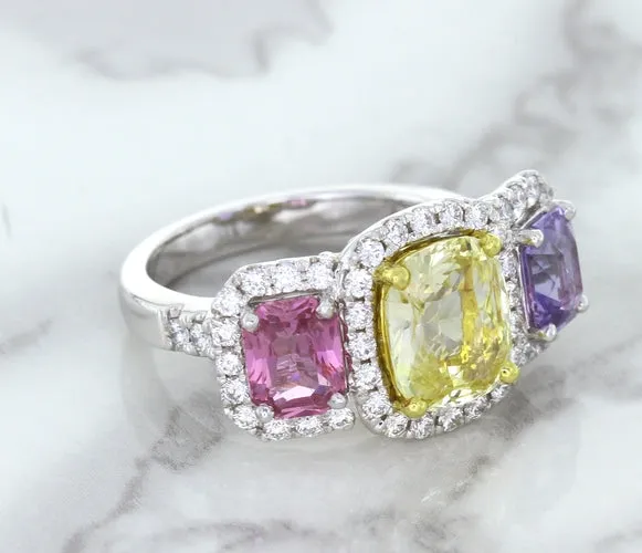 Multicolor Sapphire Ring with Diamond Halo in 18K White Gold