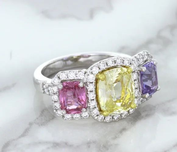 Multicolor Sapphire Ring with Diamond Halo in 18K White Gold