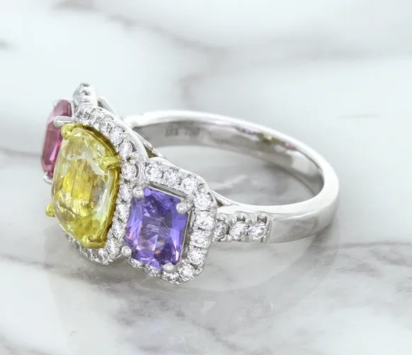 Multicolor Sapphire Ring with Diamond Halo in 18K White Gold