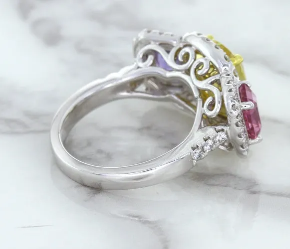 Multicolor Sapphire Ring with Diamond Halo in 18K White Gold