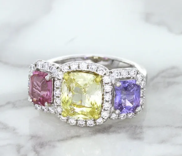 Multicolor Sapphire Ring with Diamond Halo in 18K White Gold