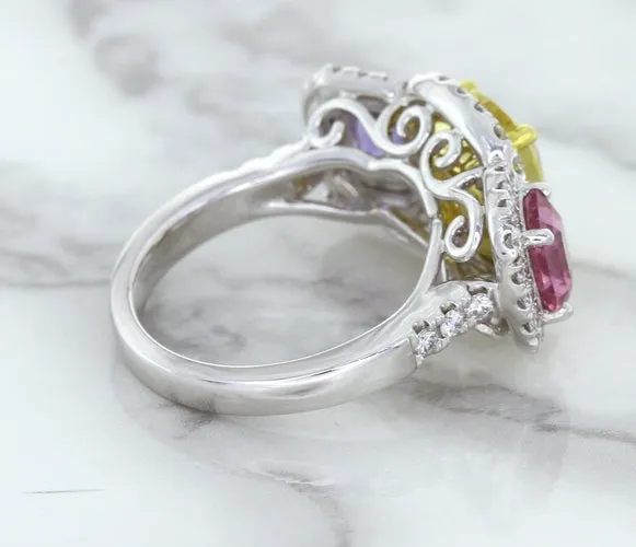 Multicolor Sapphire Ring with Diamond Halo in 18K White Gold