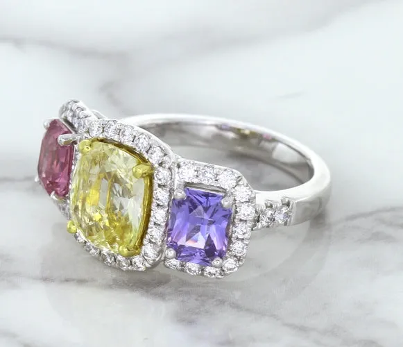 Multicolor Sapphire Ring with Diamond Halo in 18K White Gold