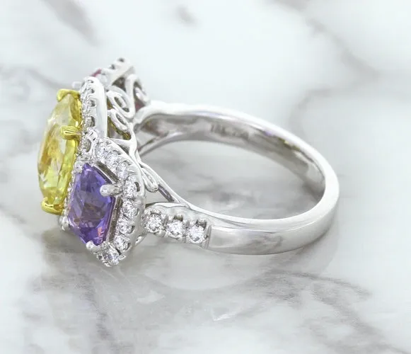 Multicolor Sapphire Ring with Diamond Halo in 18K White Gold