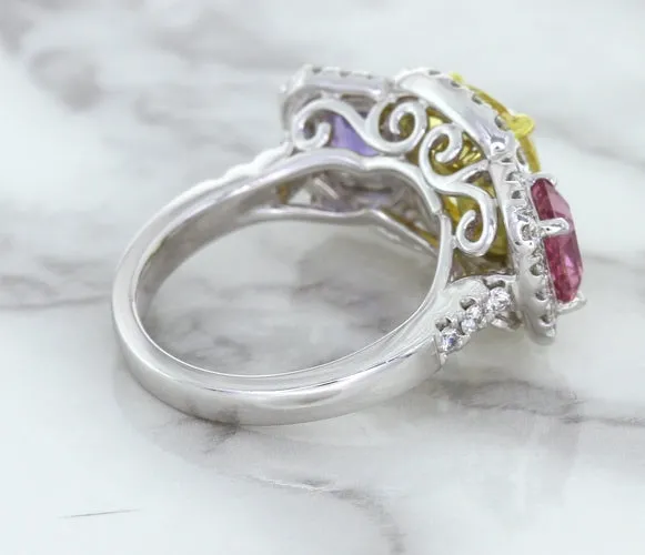 Multicolor Sapphire Ring with Diamond Halo in 18K White Gold