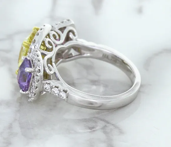 Multicolor Sapphire Ring with Diamond Halo in 18K White Gold