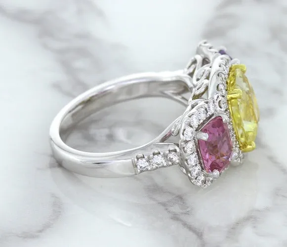 Multicolor Sapphire Ring with Diamond Halo in 18K White Gold