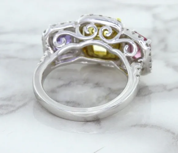 Multicolor Sapphire Ring with Diamond Halo in 18K White Gold