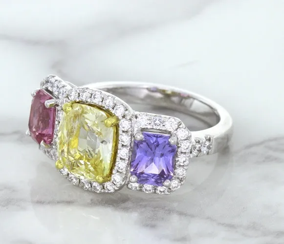 Multicolor Sapphire Ring with Diamond Halo in 18K White Gold