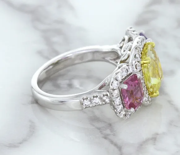 Multicolor Sapphire Ring with Diamond Halo in 18K White Gold