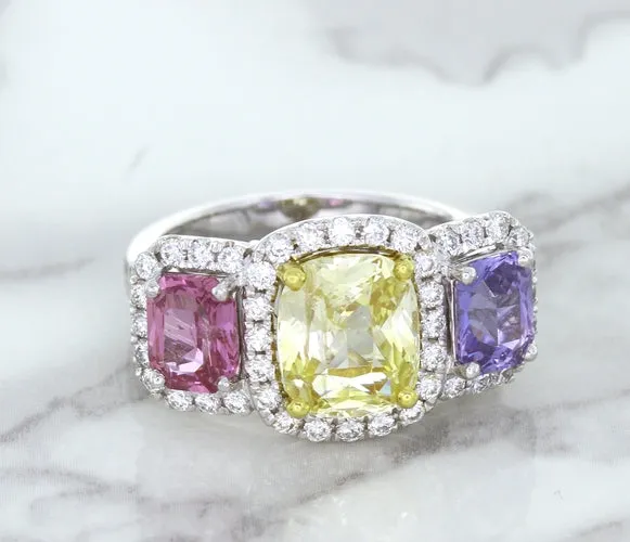 Multicolor Sapphire Ring with Diamond Halo in 18K White Gold