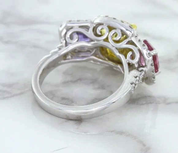 Multicolor Sapphire Ring with Diamond Halo in 18K White Gold