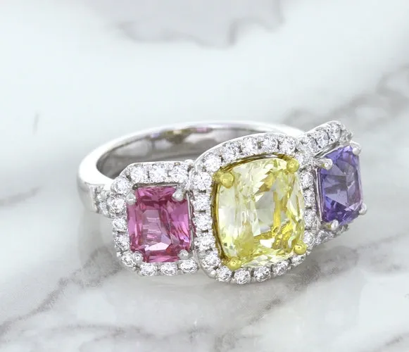 Multicolor Sapphire Ring with Diamond Halo in 18K White Gold