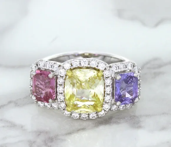 Multicolor Sapphire Ring with Diamond Halo in 18K White Gold