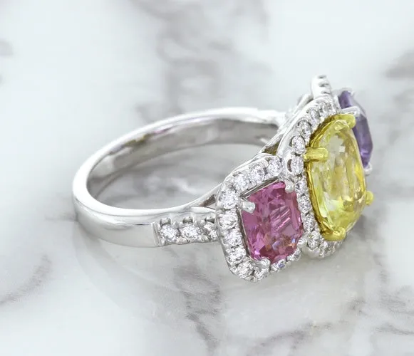 Multicolor Sapphire Ring with Diamond Halo in 18K White Gold