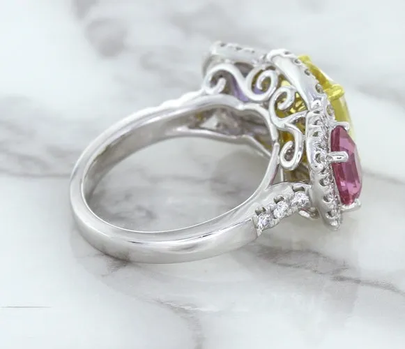 Multicolor Sapphire Ring with Diamond Halo in 18K White Gold